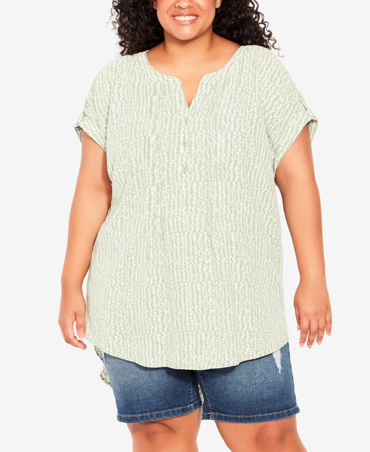 Avenue Plus Size Button Pleat Print T Olive Pebble