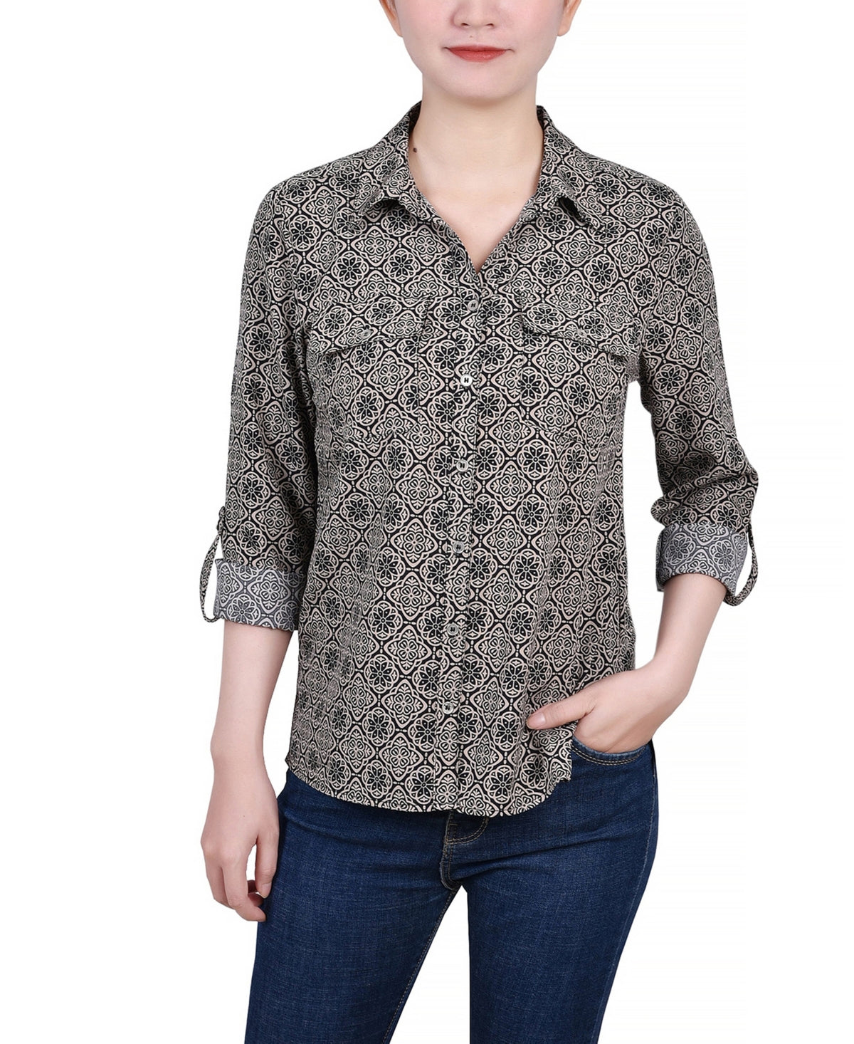 NY Collection Petite 3/4 Sleeve Roll Tab  Shirt- Not Black and Doeskin Floral Iconic PXL