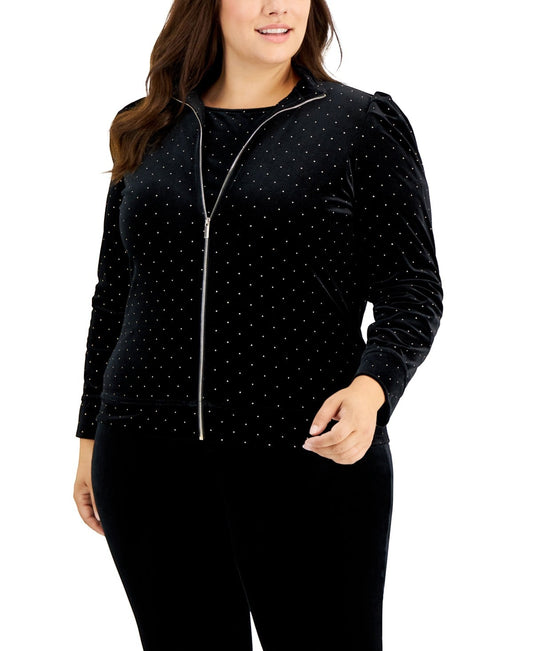 Anne Klein Women Plus Size Dot-Print Puff-Sleeve zip up jacket top black