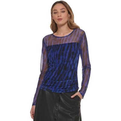 DKNY Womens Printed Mesh Knit Long Deep Cobalt Multicolor.