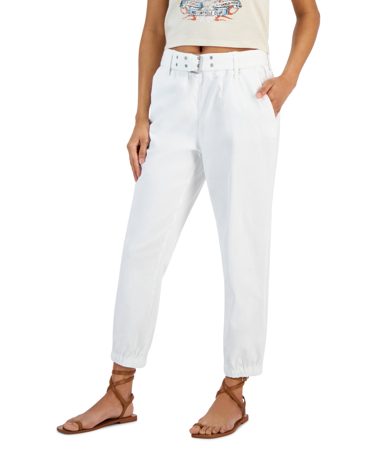 Tinseltown Juniors Pull-On  Hi Rise Belted Jogger White XL