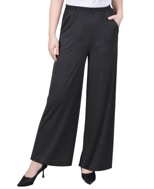 NY Collection Women's Petite Wide Leg Palazzo Stretch Pullover Pants/ Black White Taranto Dot PXL