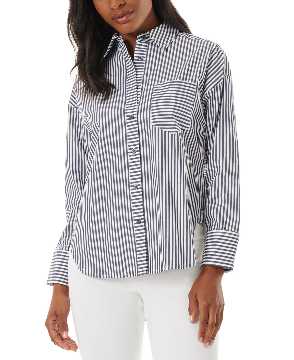 Jones New York Women's Cotton Oversized Striped  Button Down Shirt.  Navy white Collection