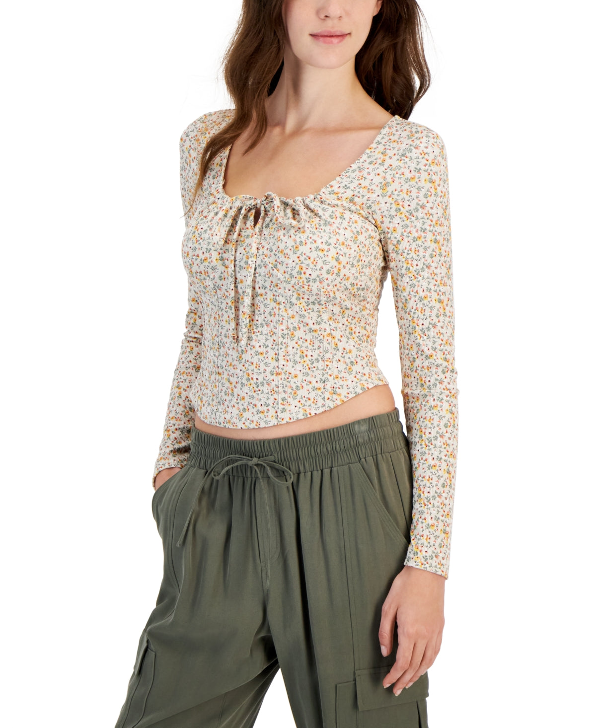 Just Polly Juniors' Tie-Neck Long-Sleeve Corset Top. Ditsy