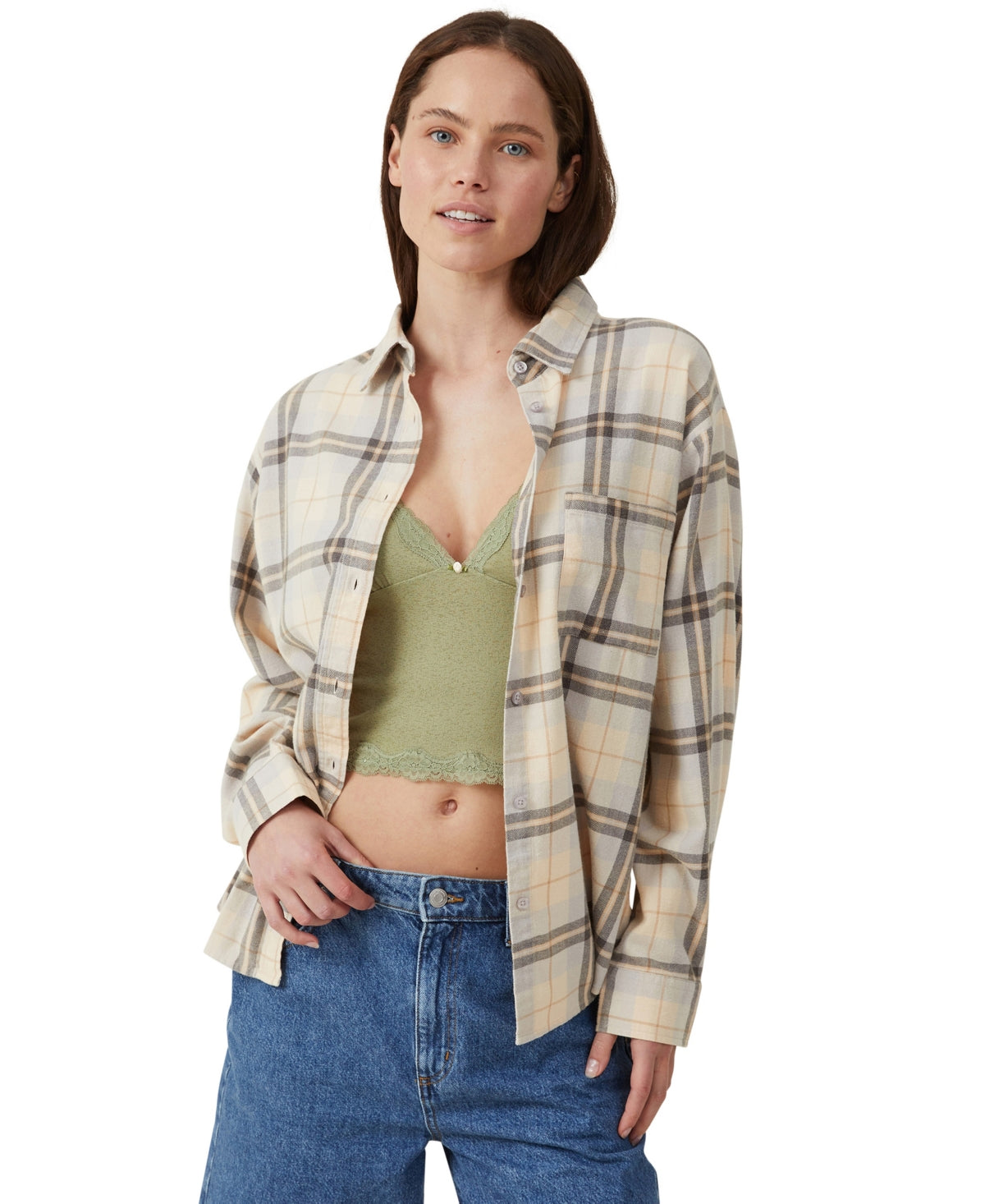 COTTON ON Women's Boyfriend Flannel Shirt. Carrie Check Gray
