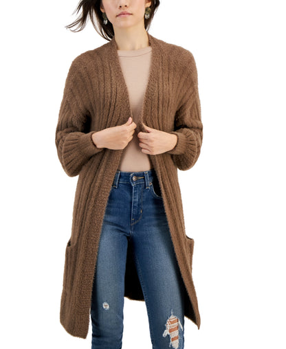 Hippie Rose Juniors Eyelash Ribbed Open-Front Cardigan Coco Ash Large