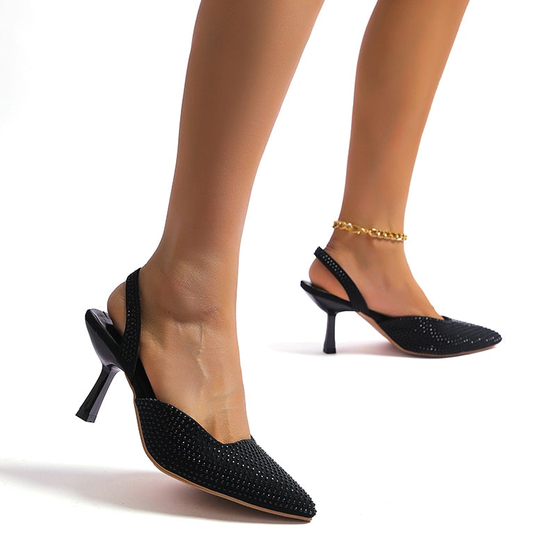 Womens Rhinestone Heels - Slingback Pointed Toe.