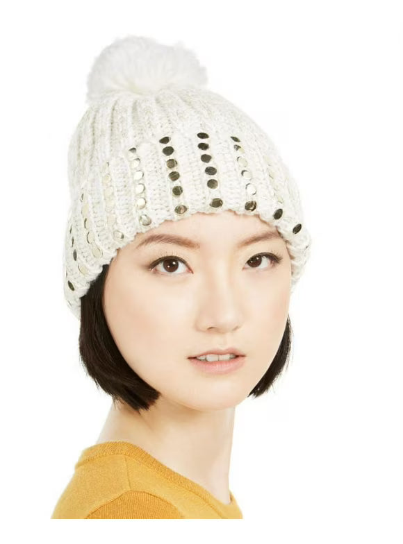 DNKY Womens Flat Stud Rib Knit Beanie Hats