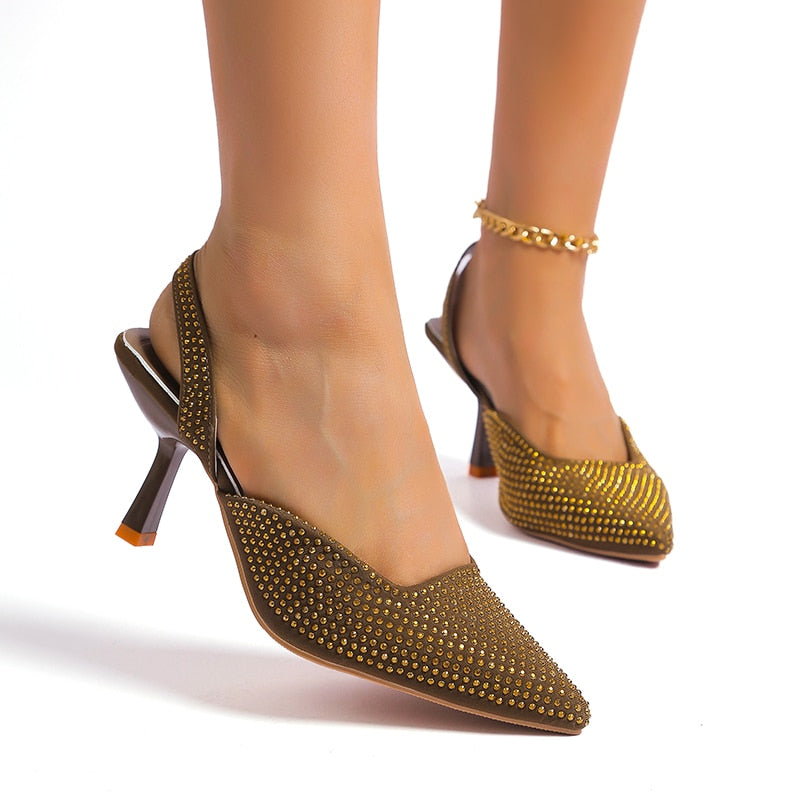 Womens Rhinestone Heels - Slingback Pointed Toe.
