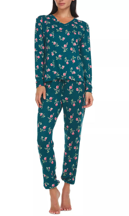 Flora by Flora Nikrooz Women's Jenna Printed Sweater-Knit Pajama Set in Green (Jade)