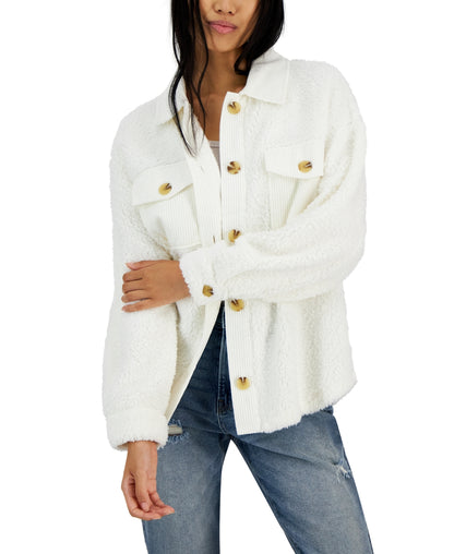 Hippie Rose Juniors Corduroy-Trim Button- Winter White Medium