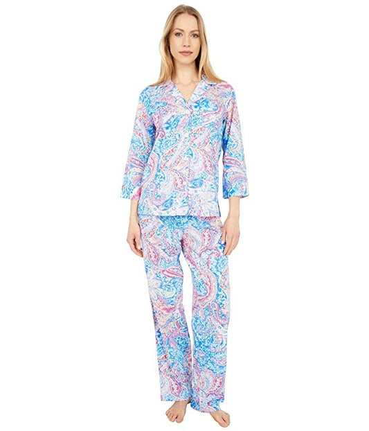 LAUREN Ralph Lauren 3/4 Sleeve Notch Collar Long Pants PJ Set Women's Pajama Sets
