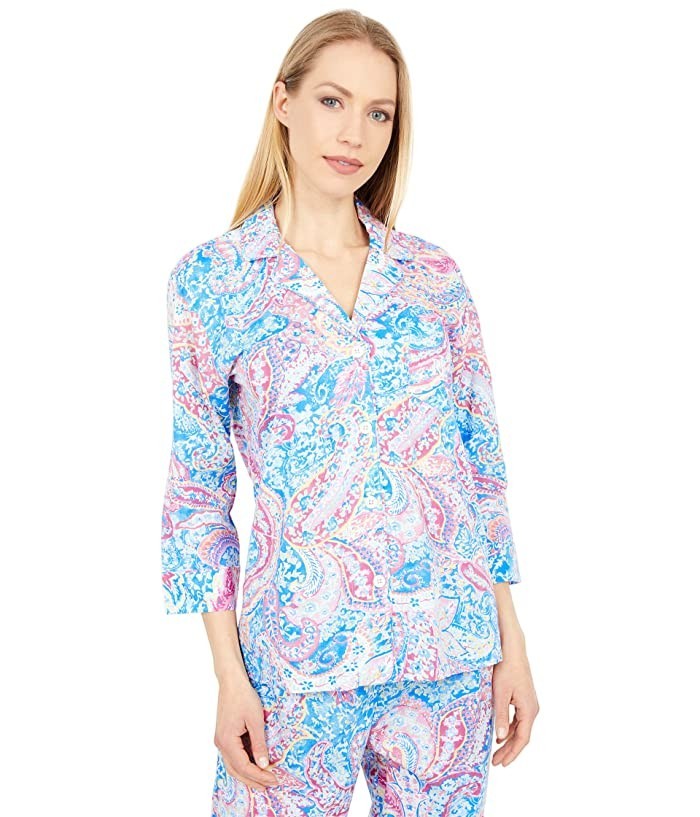 LAUREN Ralph Lauren 3/4 Sleeve Notch Collar Long Pants PJ Set Women's Pajama Sets