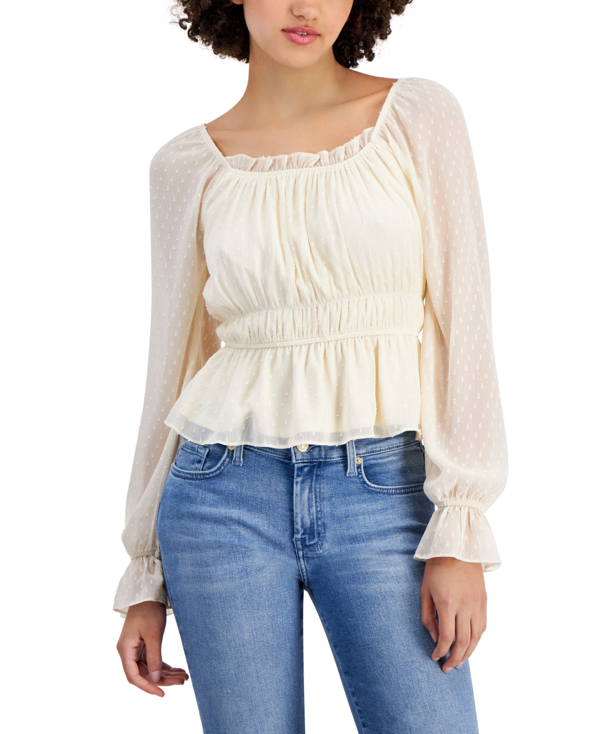 Planet Heart Juniors Long-Sleeve Ruched Peplum Blouse Top- Ivory ,Medium