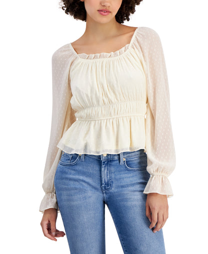 Planet Heart Juniors Long-Sleeve Ruched Peplum Blouse Top- Ivory ,Medium