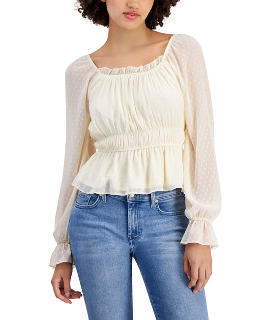 Planet Heart Juniors Long-Sleeve Ruched Peplum Blouse Top- Ivory ,Medium
