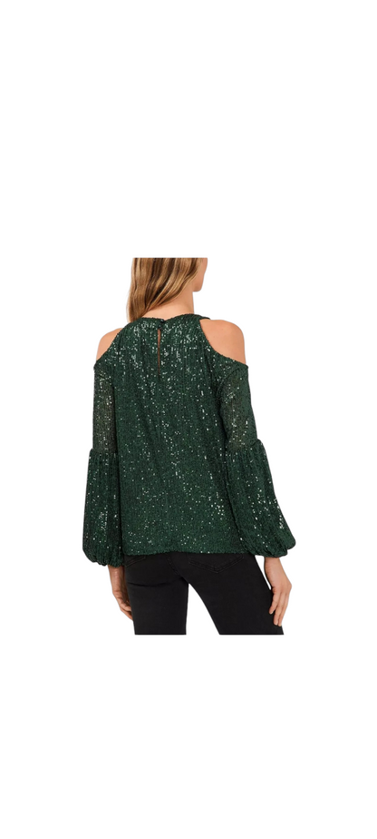 Womens Sequined Cold-Shoulder Pine