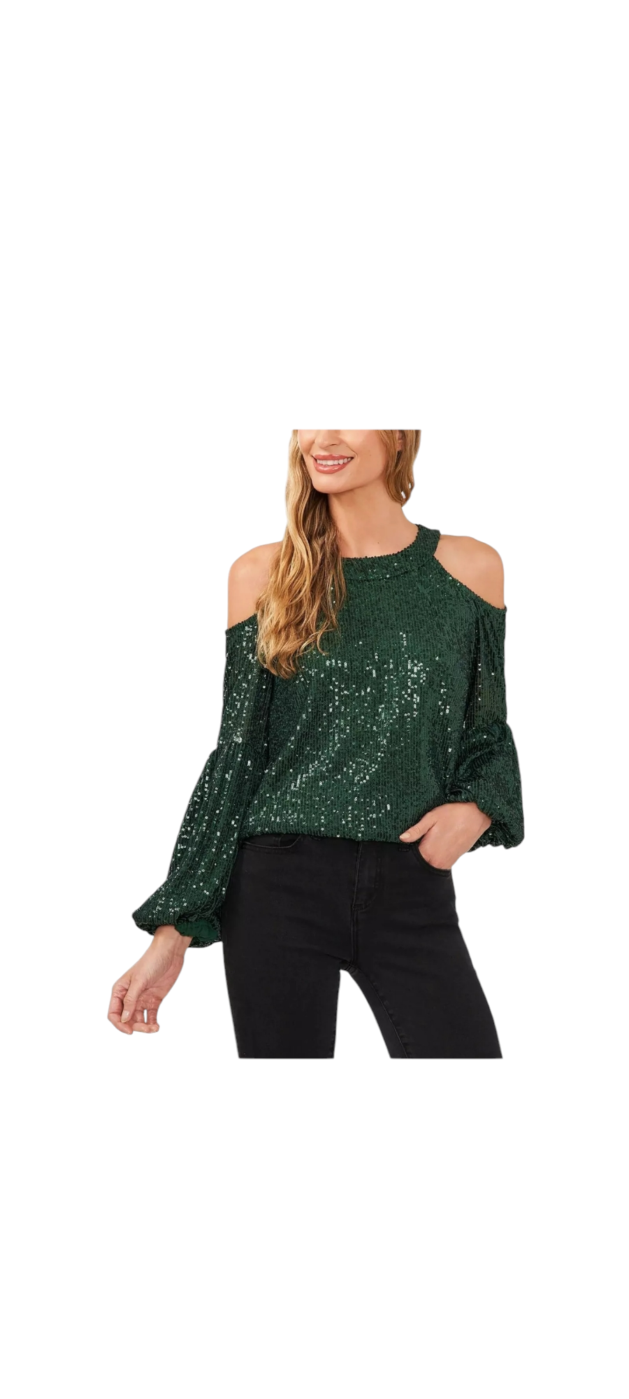 Womens Sequined Cold-Shoulder Pine