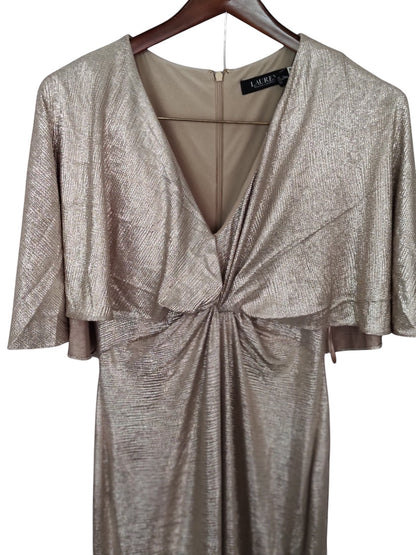 Lauren Ralph Lauren Womens Foil-Print Jersey Cape Dress.  Birch Gold 4