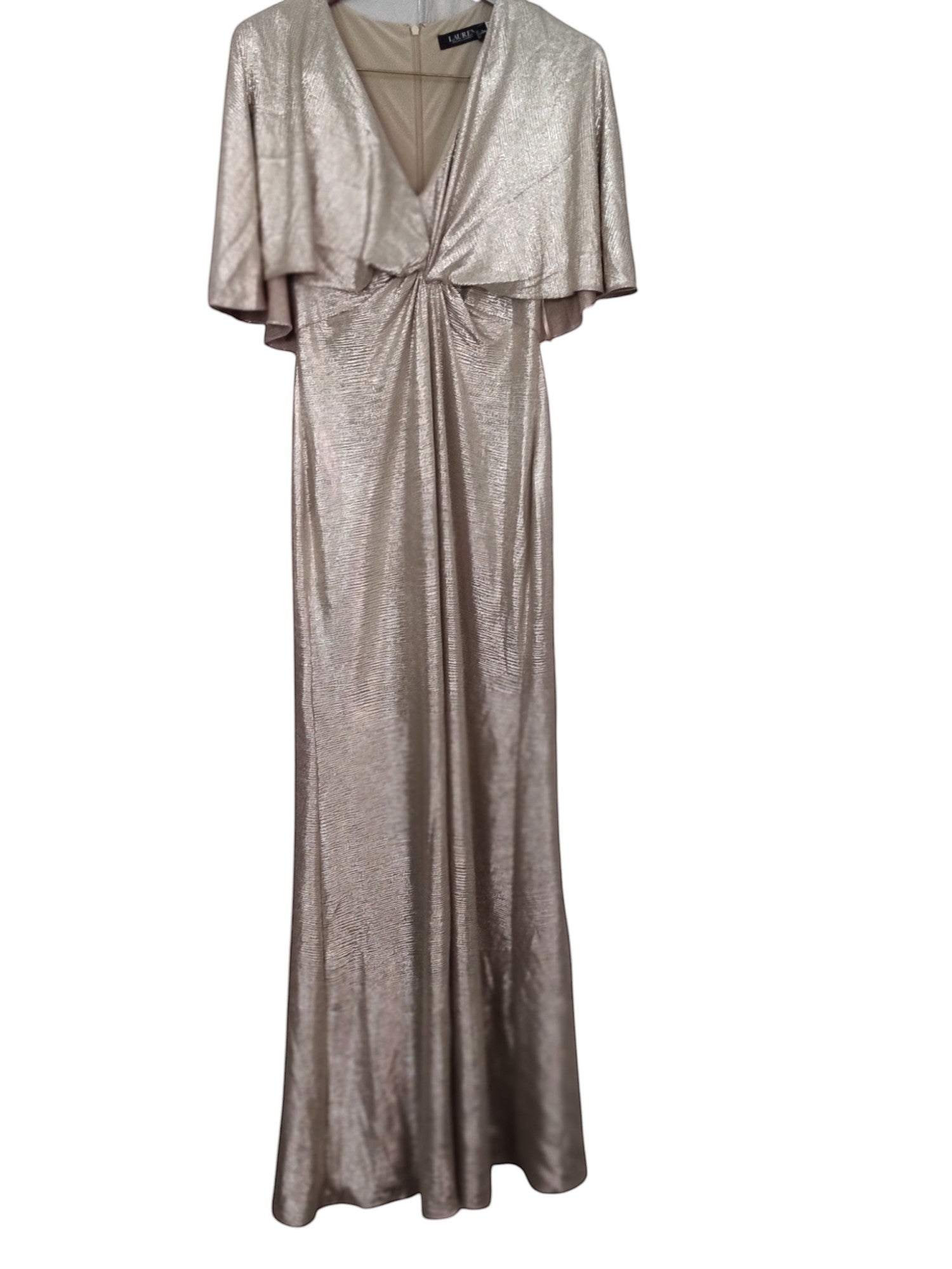 Lauren Ralph Lauren Womens Foil-Print Jersey Cape Dress.  Birch Gold 4