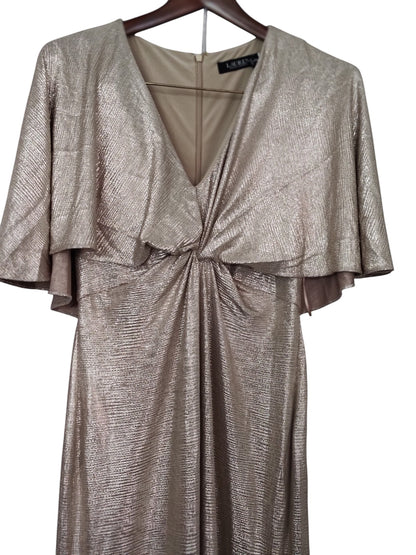Lauren Ralph Lauren Womens Foil-Print Jersey Cape Dress.  Birch Gold 4