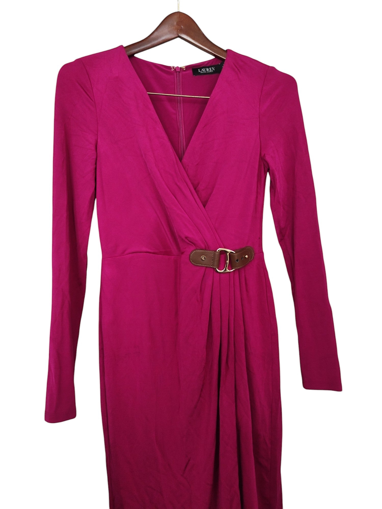 LAUREN Ralph Lauren Buckle-Trim Jersey Cocktail Dress (Fuchsia Berry) Women's Dress clse up
