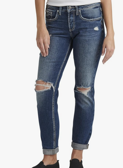 Silver Jeans Co. Womens Distressed Cuffed Boyfriend Jeans