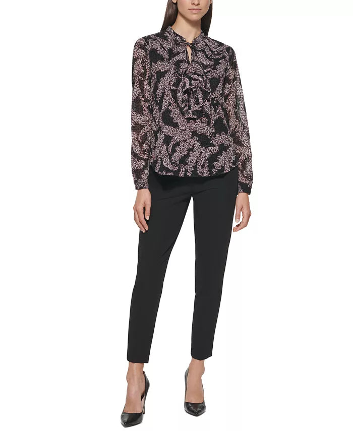 Chemisier à volants et col noué à imprimé cachemire Black Egret