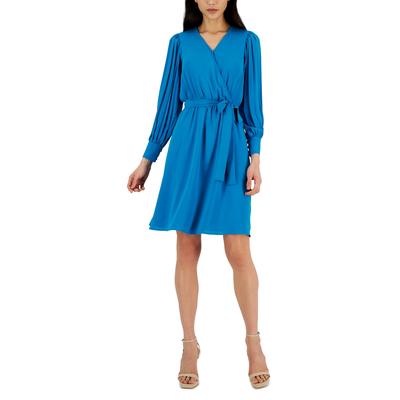 Anne Klein Womens V-Neck Pleated-Long-Sleeve dress