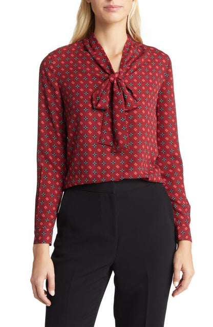 Anne Klein Womens Printed Satin-Twill Blouse