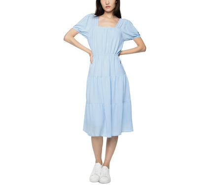 Robe mi-longue à volants et manches bouffantes à bandes botaniques