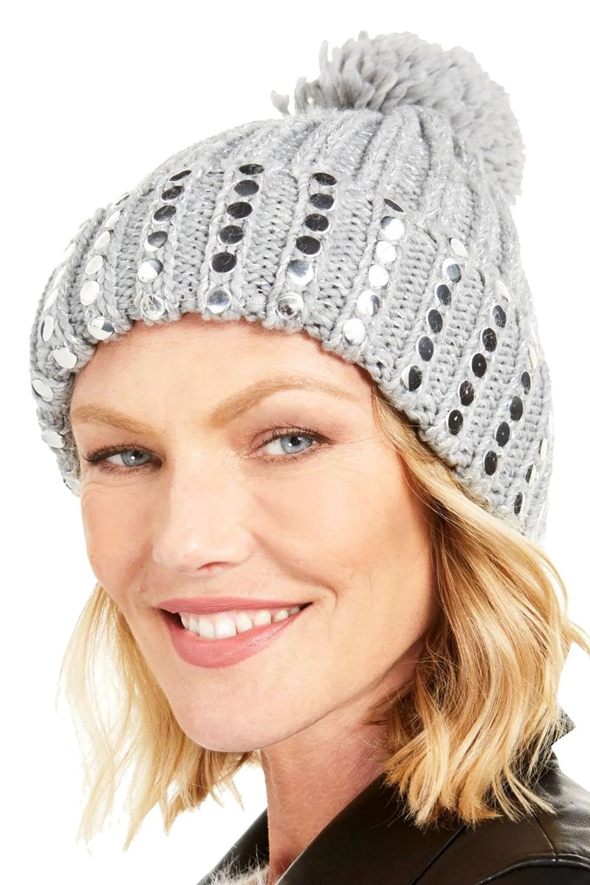 DNKY Womens Flat Stud Rib Knit Beanie Hats