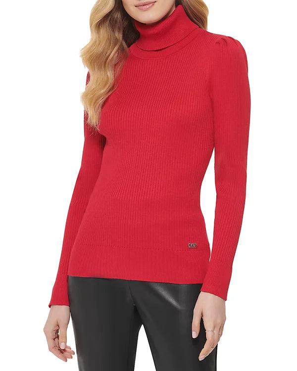 Pull col roulé côtelé à manches longues et col roulé pour femme DKNY
