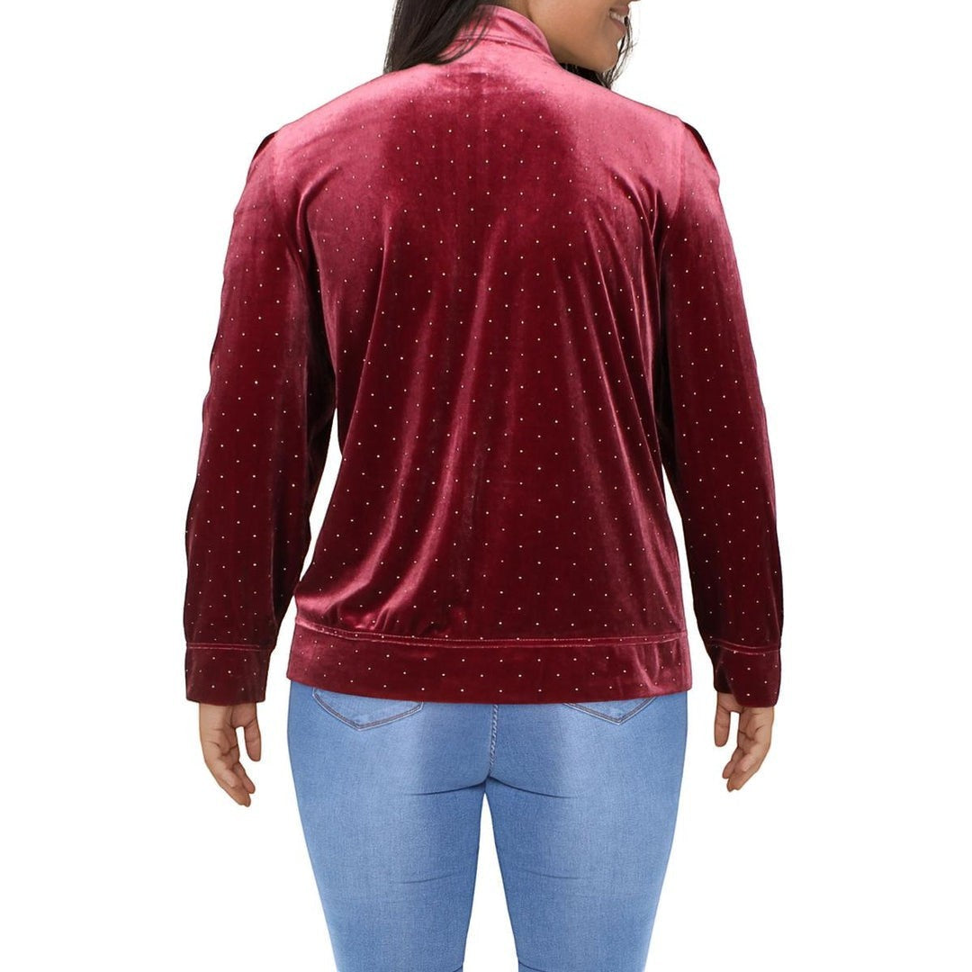 Anne Klein Women Plus Size Dot-Print Puff-Sleeve zip up jacket top burgundy red
