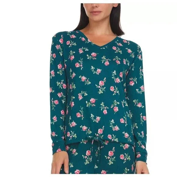 Flora by Flora Nikrooz Women's Jenna Printed Sweater-Knit Pajama Set in Green (Jade)