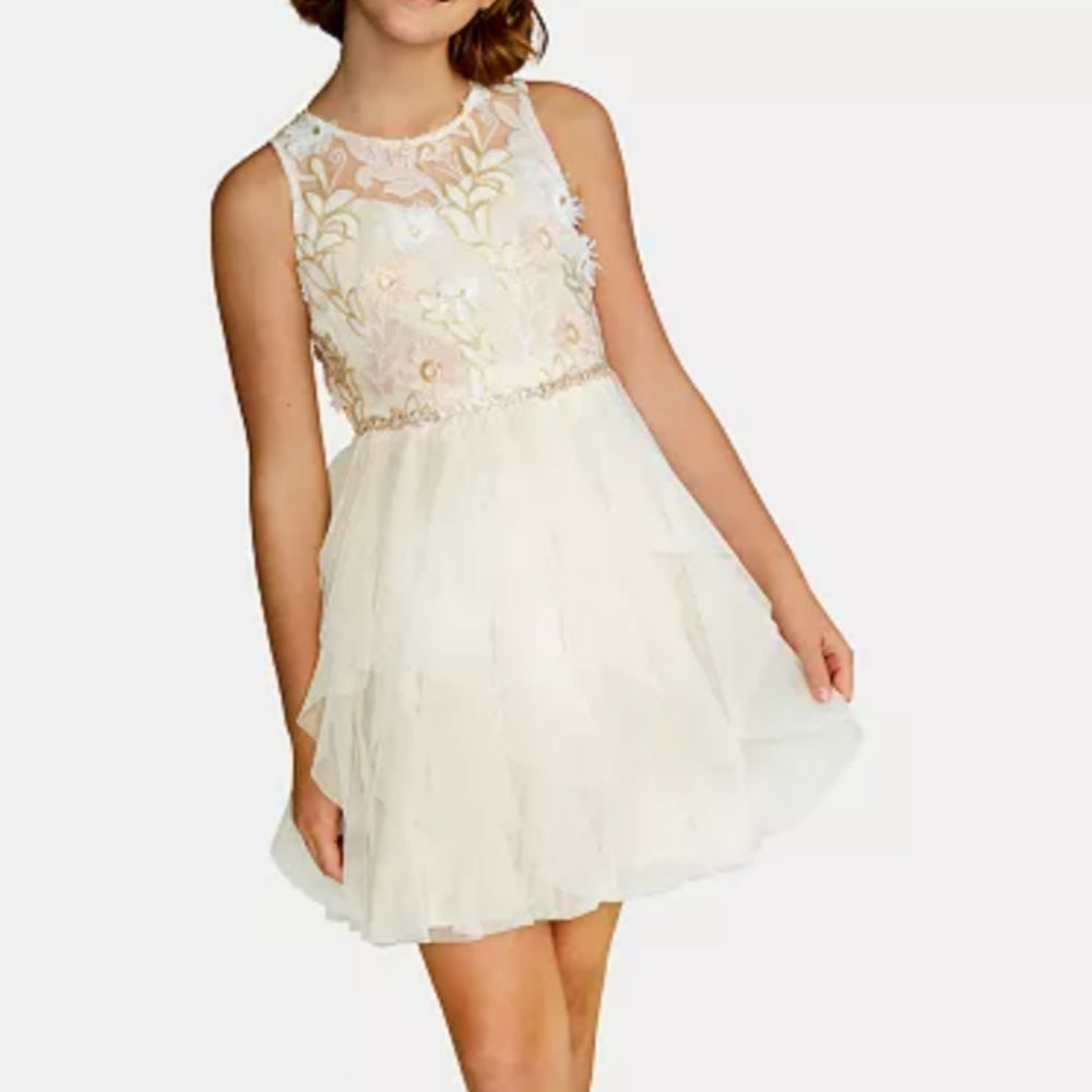 Rare Editions Big Girls Sequin Embroidered Dress Beige