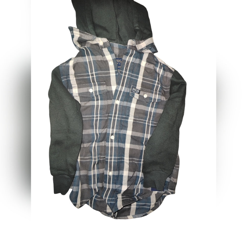 Ralph Lauren Toddler Boys Button Down Hoody Top Shacket Blue Green Plaid 3T