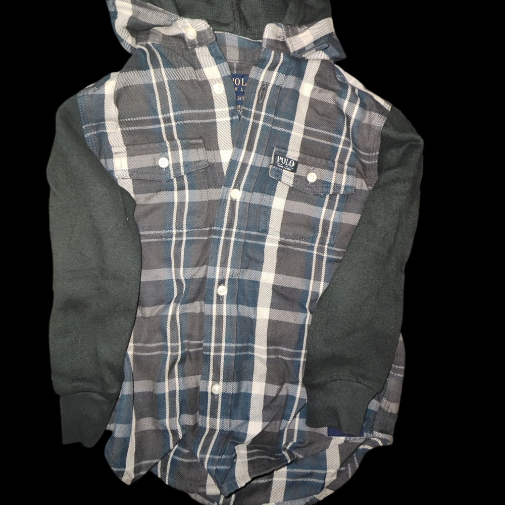 Ralph Lauren Toddler Boys Button Down Hoody Top Shacket Blue Green Plaid 3T