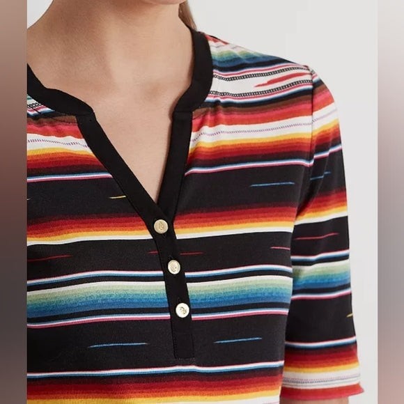 Lauren Ralph Lauren Striped Stretch Cotton Henley T-Shirt - Black Multi XS closeup