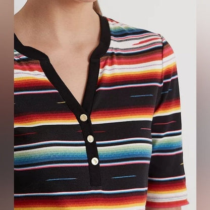 Lauren Ralph Lauren Striped Stretch Cotton Henley T-Shirt - Black Multi XS closeup