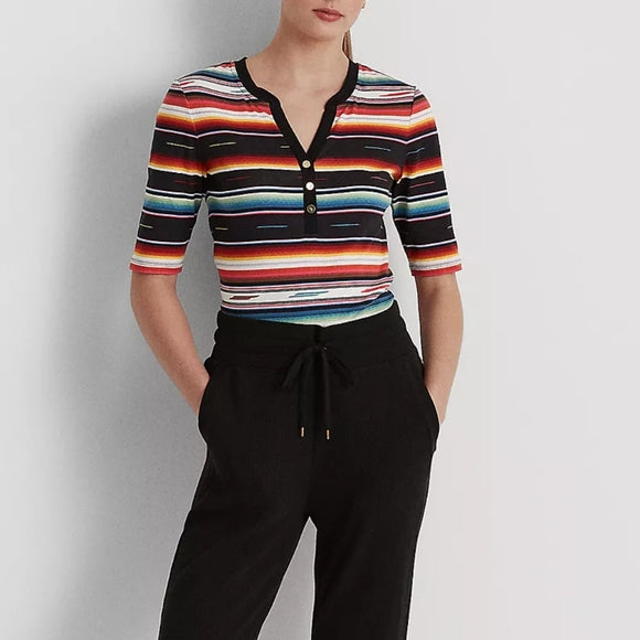 Lauren Ralph Lauren Striped Stretch Cotton Henley T-Shirt - Black Multi XS