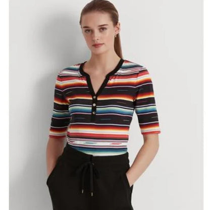 Lauren Ralph Lauren Striped Stretch Cotton Henley T-Shirt - Black Multi XS
