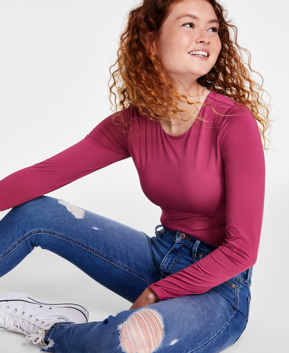 Crave Fame Juniors Crewneck Long-Sleeve Rose Berry Small