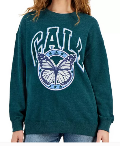 Rebellious One Juniors Butterfly Crewneck Sweatshirt . Cali butterfly print . Heather Botanical Green Large