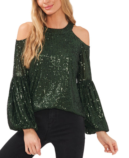 CeCe Women's Sequined Cold-Shoulder Classic Blouse