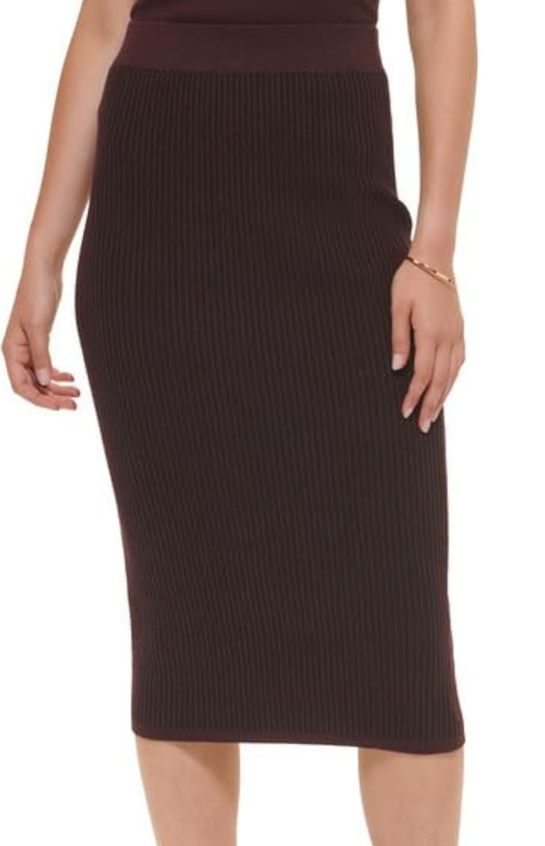 DKNY Jeans Womens Ribbed Pull-On Close Knit Pencil Burgundy/Black Small.