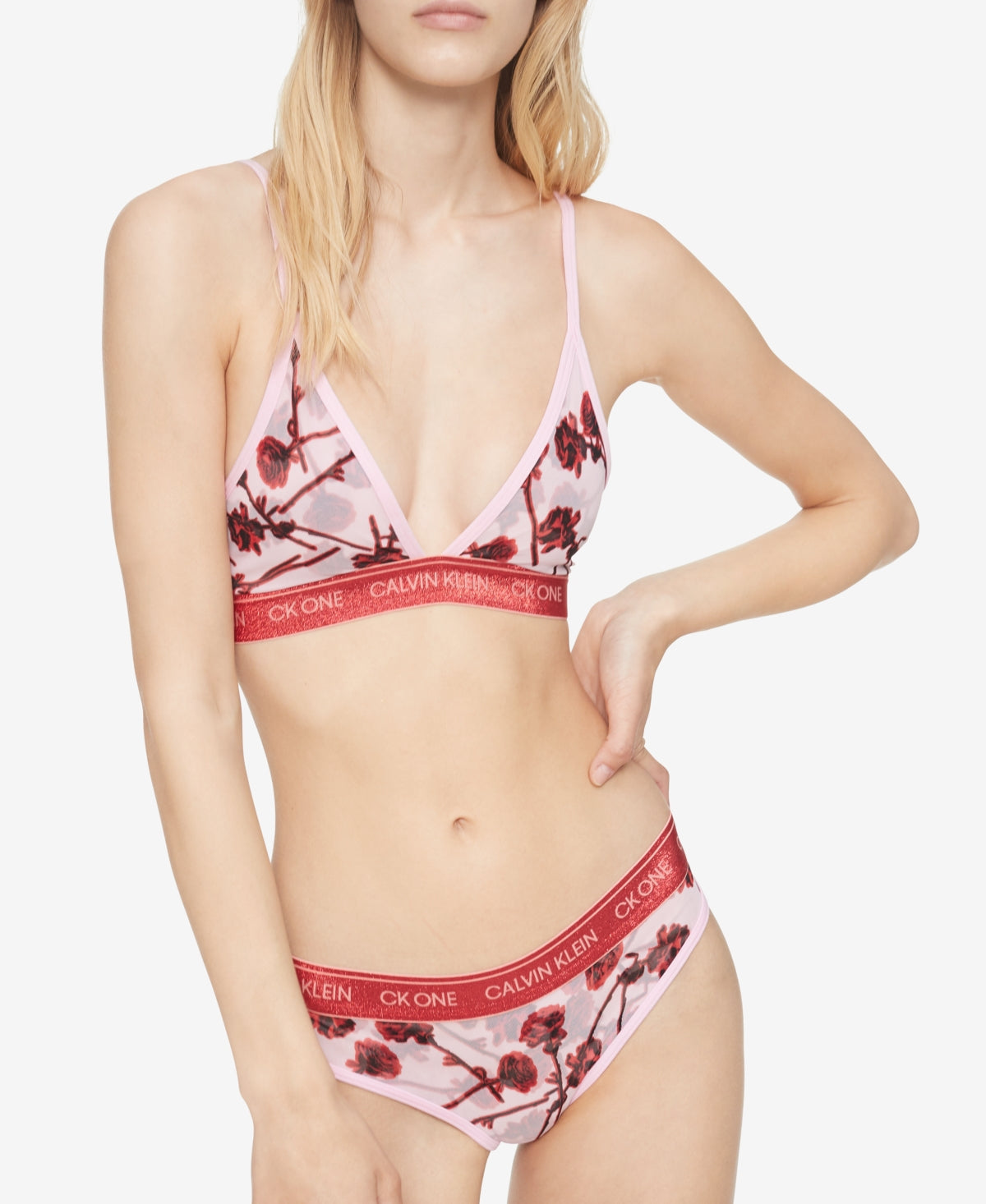 Calvin Klein Women's Ck One Unlined Rose-Print Triangle Bralette pink-QF6690