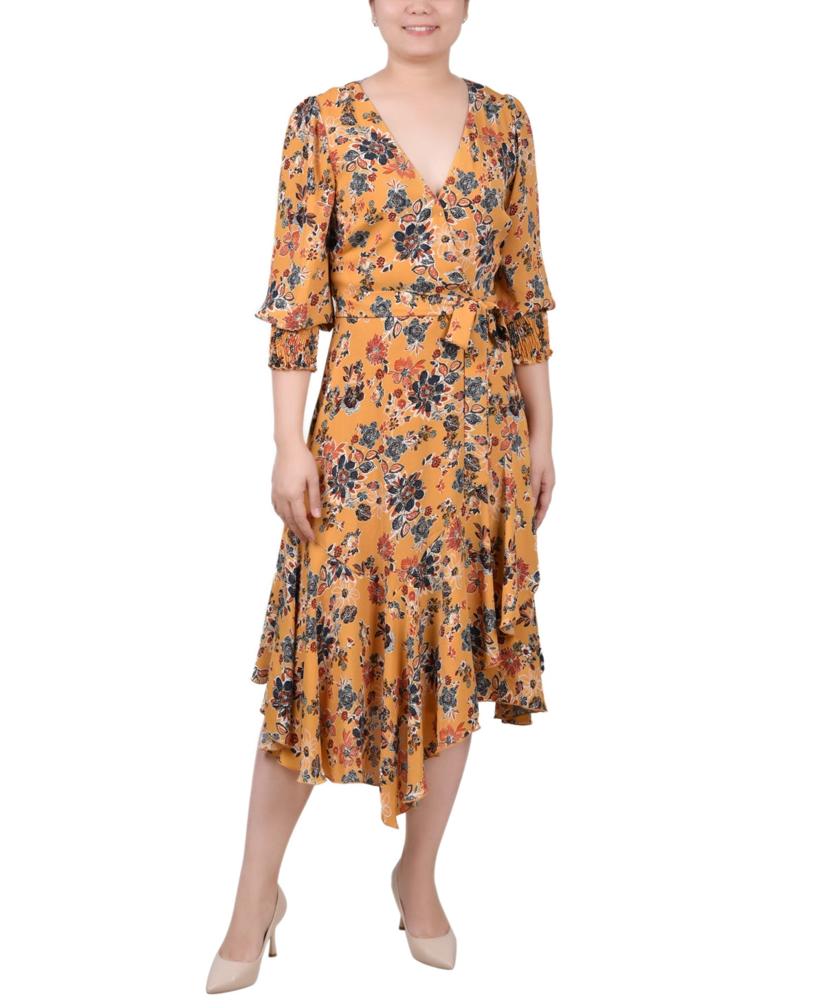 NY Collection Women's Petites Womens Chiffon Floral MIDI Dress. Mustard Yellow Floral