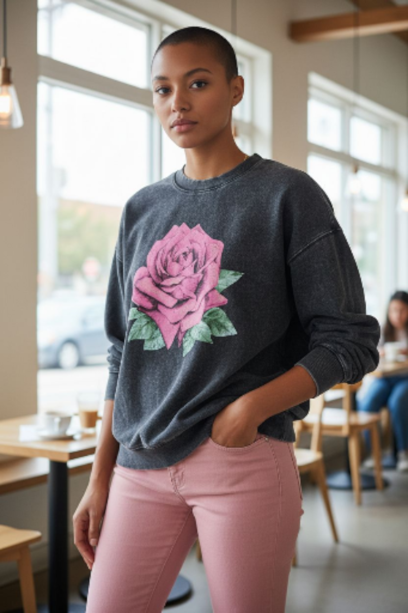 Rebellious One Juniors' Rose Mineral Wash Sweatshirt. Black