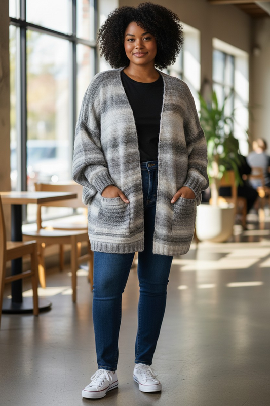 Black Tape Trendy Plus Size Textured Striped open sweater cover jacket 2X Gray